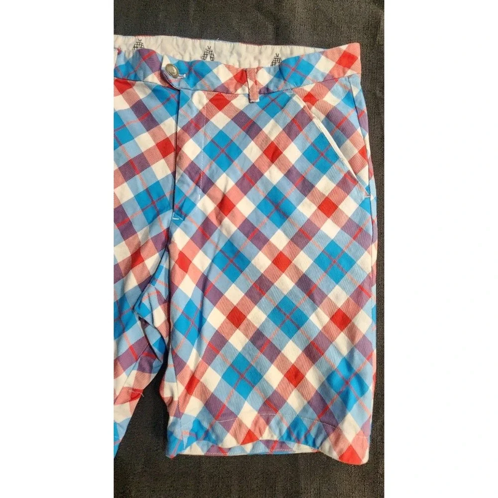 Royal & Awesome Golf Shorts Mens 36 Red Blue Plaid Cotton‎ Stretch Classic Fit